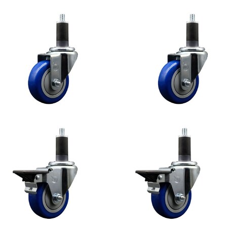 Service Caster 3.5'' Blue Poly Wheel Swivel 1-1/4'' Expanding Stem Caster Set 2 Brakes, 4PK SCC-EX20S3514-PPUB-BLUE-2-PLB-2-114